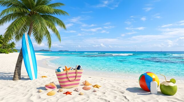 Tropical beach scene with palm tree colorful bag surfboard and beach ball on white sand with blue ocean