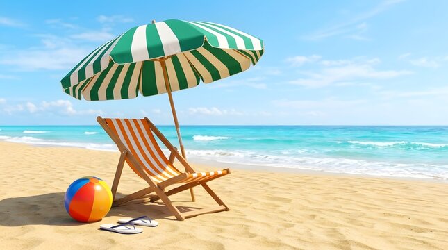 Beach scene with striped umbrella wooden lounge chair beach ball and flip flops on sandy shore by ocean