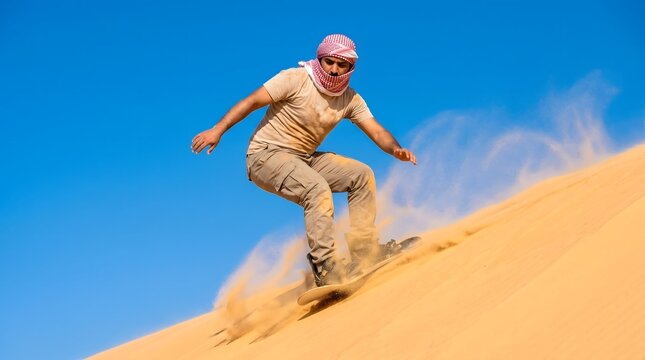 Man wearing traditional headscarf sandboarding down a golden desert dune under clear blue sky