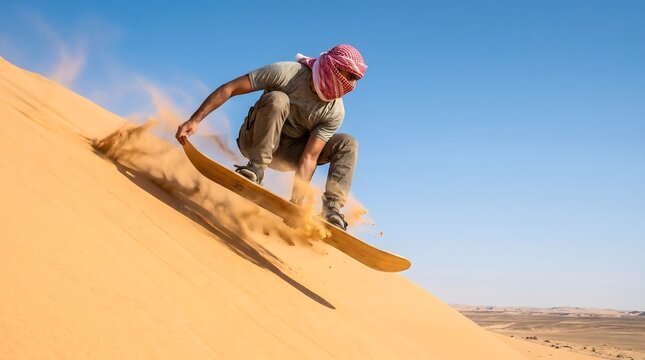 Man sandboarding down desert dune wearing traditional headscarf under clear blue sky