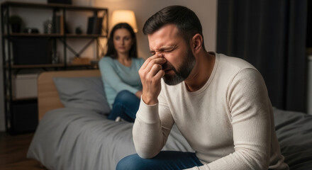 Fototapeta premium Stressed Caucasian man pinching nose with closed eyes on bed, argue couple experiencing relationship conflict and emotional distress in bedroom.