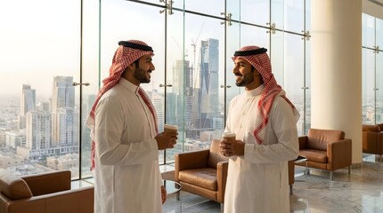 Obraz premium Arab businessmen conversing in modern office overlooking city skyline at golden hour