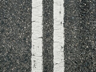 Fototapeta premium Closeup of weathered double white lines on asphalt pavement surface