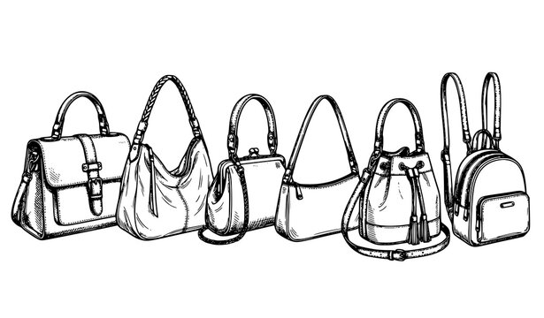 Women Fashion Handbags Vector Sketch Collection with Elegant Outline Satchel Hobo and Backpack
