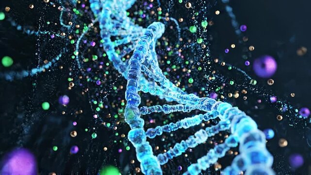 3D visualization of a glowing blue DNA double helix twisting through space with suspended colorful molecular particles and bokeh lights on a dark scientific background