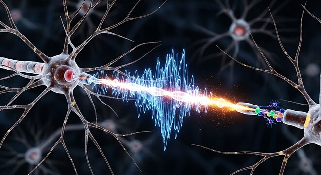 Neural Communication Brain cells transmitting signals  information with blue background.