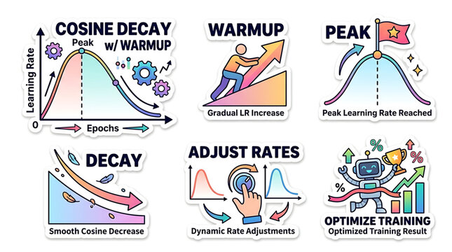 Machine learning model optimization techniques including warmup and learning rate adjustments