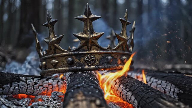 Crown on burning wood in forest