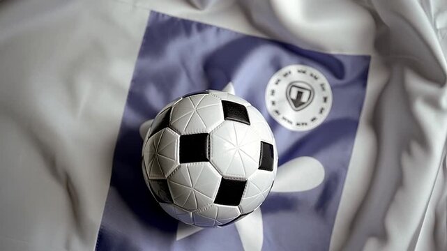 A classic black and white soccer ball rests on the draped flag of Martinique. The camera captures subtle light shifts and the intricate textures of the ball and the rippling fabric beneath it.