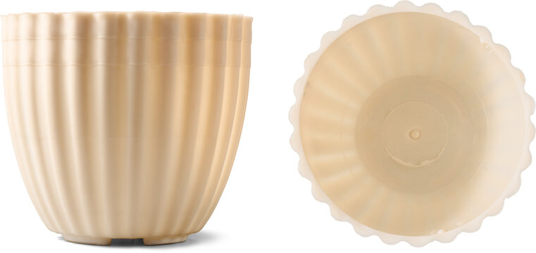 empty beige ribbed plastic flower pots isolated white background, set of planters or gardening containers in different angles