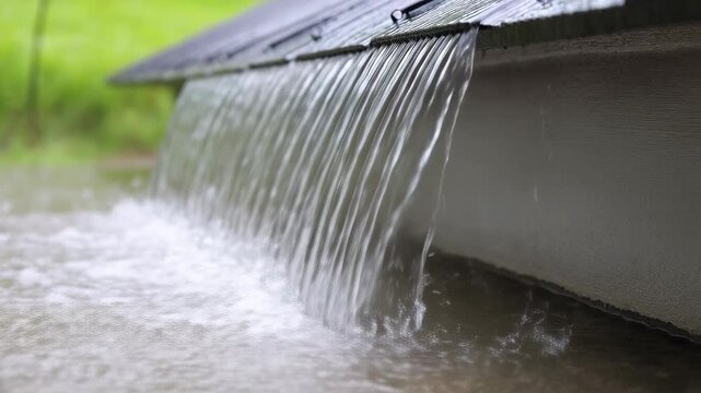 Water cascading from a roof into a flooded area. Represents the impact of heavy rainfall and the importance of drainage systems in managing water flow
