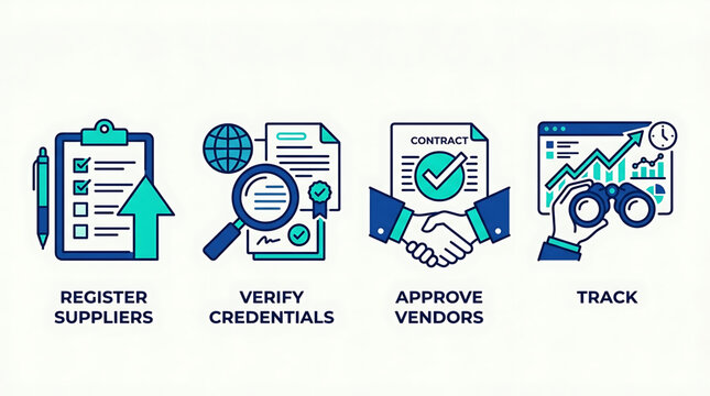 Business process icons illustrate supplier registration and verification procedures