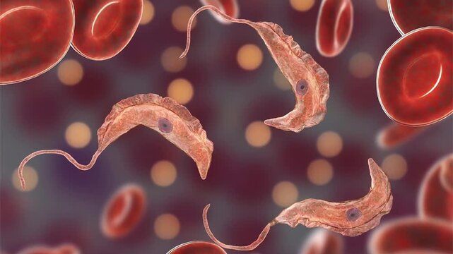Trypanosoma brucei parasites, 3D animation showing slowly rotating flagellated protozoa with undulating membrane, illustrating African trypanosomiasis.