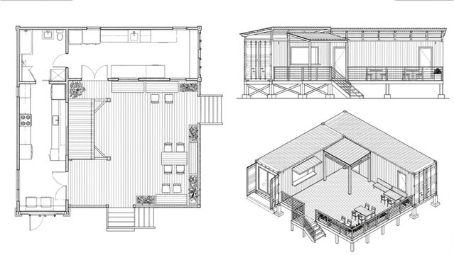 Architectural drawings of a house, including a floor plan, elevation view, and isometric perspective, showcasing design and layout details. Clean Vector Icons and Design Elements
