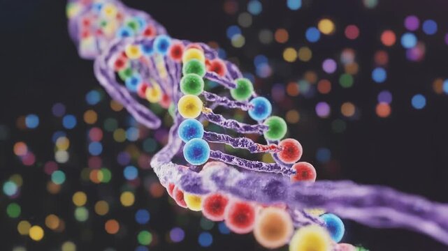High-resolution 3D visualization of a colorful DNA doublehelix with glowing spherical nucleotides on twisting purple strands against a bokeh background representing genetics