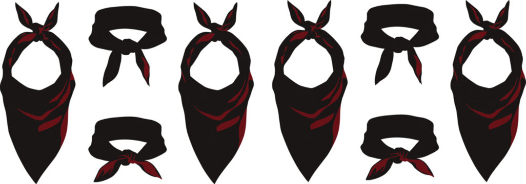 Red Bandana Collection with Tied Neck Scarf Designs, Vintage Cowboy Accessories, Fashion Headwear, and Classic Western Style Vector Set
