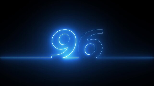 Neon blue number ninety six glowing line on a dark background