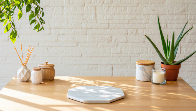 Empty hexagonal marble display board on light wooden table with minimal home decor, white brick wall