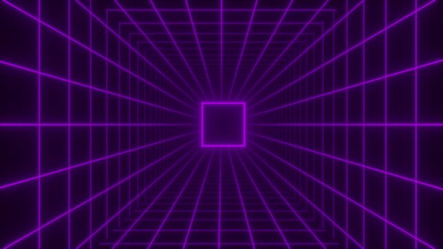 Neon Grid Tunnel: A surreal journey through a purple neon grid tunnel, expanding into the darkness with a central glowing square.