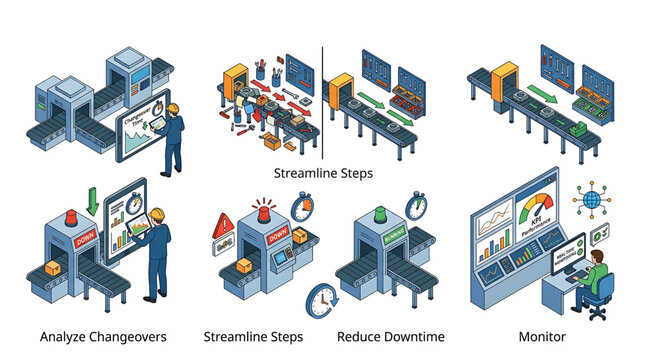 Workers efficiently analyze changeovers and streamline steps to reduce downtime in an industrial setting while monitoring production.