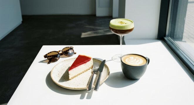Slice of creamy cheesecake with raspberry topping served with latte and modern layered drink on table. Bright natural light, minimal cafe scene, dessert and coffee lifestyle concept.