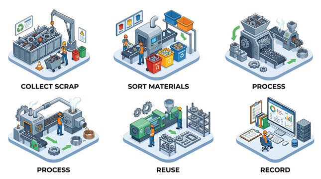 A recycling facility collects scrap, sorts materials, and processes them for reuse and records the environmental impact.