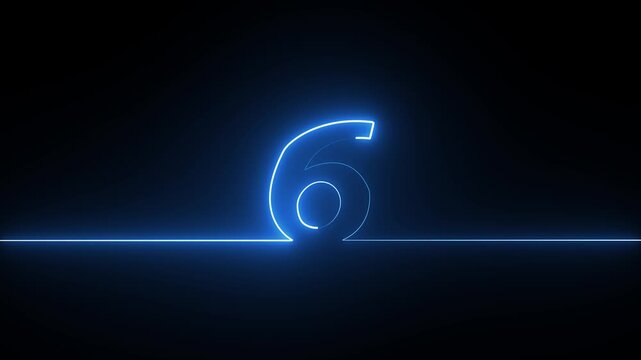 Glowing blue neon light number six with a continuous line on a dark background