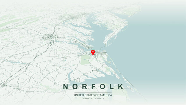 Modern minimalist vector map of Norfolk, Virginia, USA. High-quality scalable illustration of Norfolk city grid, Elizabeth River and Chesapeake Bay waterfront for posters design.