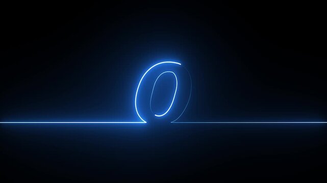 Glowing neon blue number zero digit on a dark black background with light lines