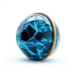 Naklejka premium Fractured sphere glows with blue energy. Broken glass effect creates dynamic visual impact. Metallic rim surrounds shattered form.
