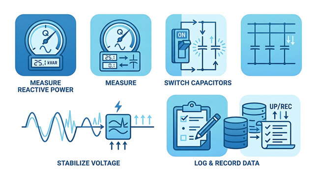 Electricity measurement and data logging system with reactive power control and voltage stabilization in an industrial setting with capacitors and computers
