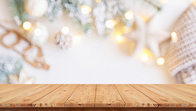Wooden table surface with blurred winter holiday ornaments and lights background
