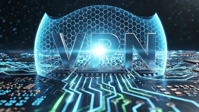 Glowing circuit board with bold VPN letters inside a translucent shield, illustrating encrypted tunnels, network security, privacy protection and secure internet connection