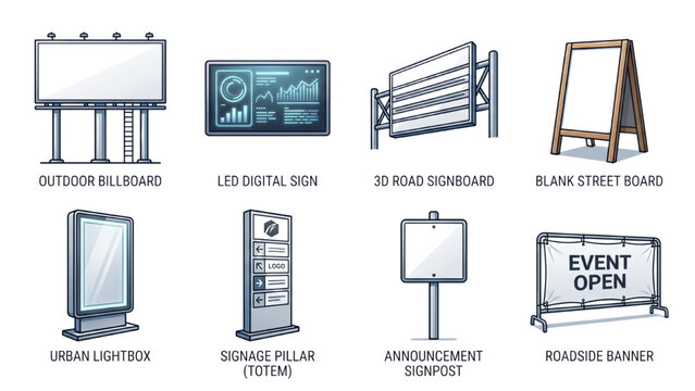 A collection of various advertisement and signage examples including a billboard, LED sign, street board, lightbox, signpost, and banner