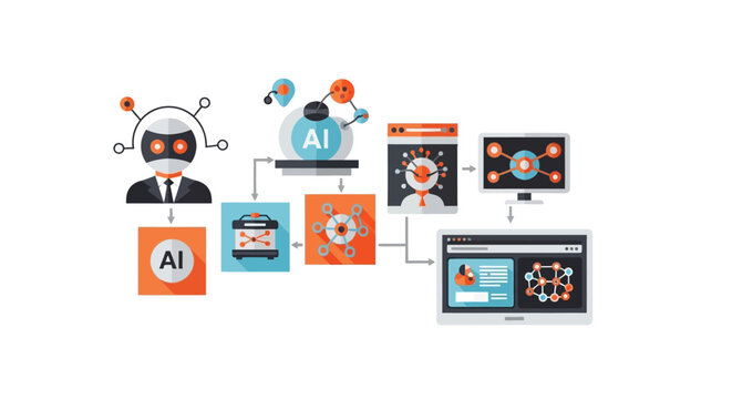 Artificial intelligence process flow with data and computer icons.