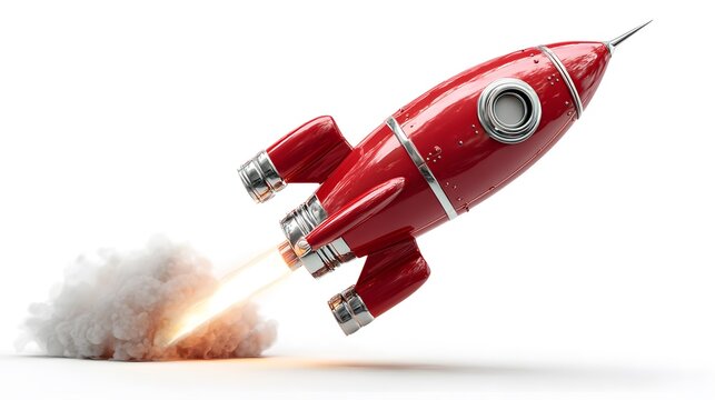 Launch of a Red Rocket Made of Precious Metal Isolated on a Clear Background, Symbolizing a Successful Start and Innovation in Space Exploration

