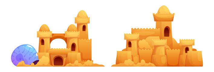 Beach towers with shell. Castles with arches and windows, stairs and textured sand details. Playful fortress coastal fun summer decoration. Vector seaside artwork for scrapbook and packaging © Sensvector