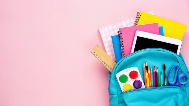 School backpack overflowing with notebooks pencils art supplies pink background, back to school