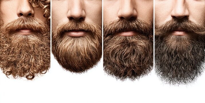 Close-up of four different beard styles and colors on a white background