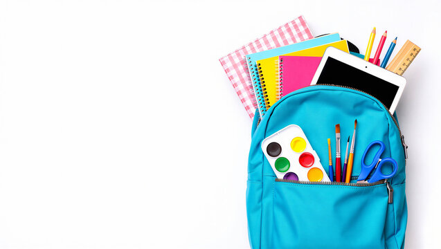Blue school backpack filled with various learning supplies and art materials, back to school