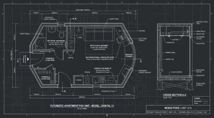 Obraz premium Technical architectural blueprint of a futuristic apartment pod