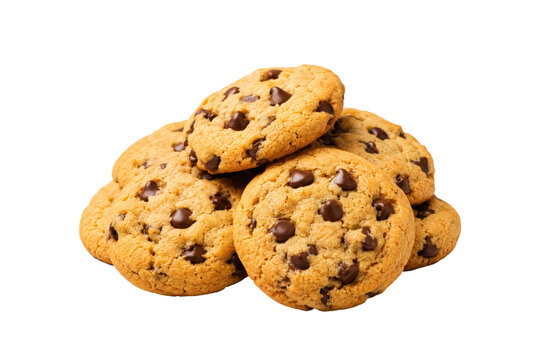 Pile of golden chocolate chip cookies isolated on a white background, featuring crunchy baked texture and rich chocolate morsels. Sweet homemade dessert snack concept, perfect for bakery, confectioner