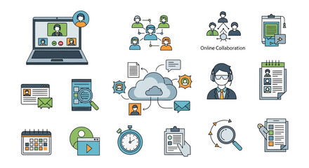 Fototapeta premium Set of business and technology flat line icons for online collaboration and digital communication.