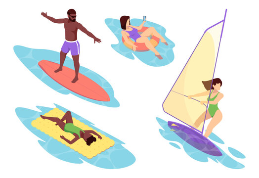 Swimming people. Summer water recreation with floating ring and inflatable mattress, surfboard and windsurf sail activity. Tropical tourism and leisure. Vector seaside relaxation and beach vacation