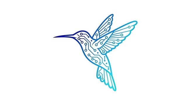 Blue circuit board pattern hummingbird line logo.