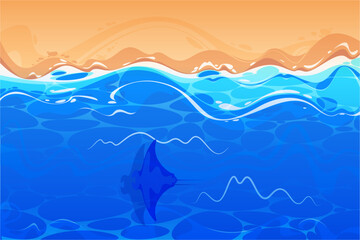 Obraz premium Shoreline with flowing waves and sandy coast. Natural beauty of beach environment. Vector seaside water textures and coastal shapes landscape, top view. Inviting seasonal atmosphere