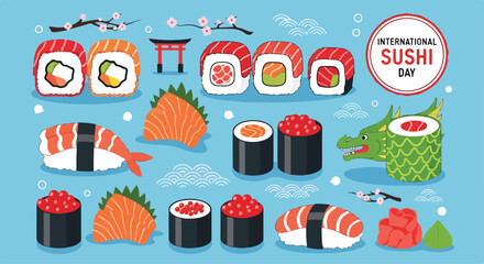 Colorful sushi illustration with dragon and cherry blossoms © Tia