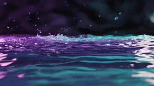 Close-up of iridescent neon liquid waves with glossy teal and purple reflections, a futuristic abstract fluid surface showing shimmering ripples and metallic ocean texture.