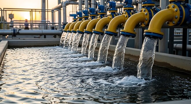 Yellow pipes discharging water in industrial treatment facility