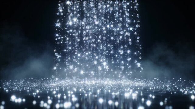 輝く霧の池へ優雅に降り注ぐダイヤモンドの星の滝